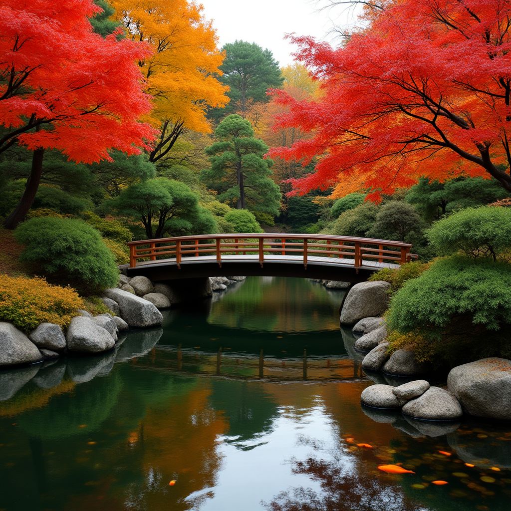 Jardin japonais avec étang à carpes koï et pont traditionnel