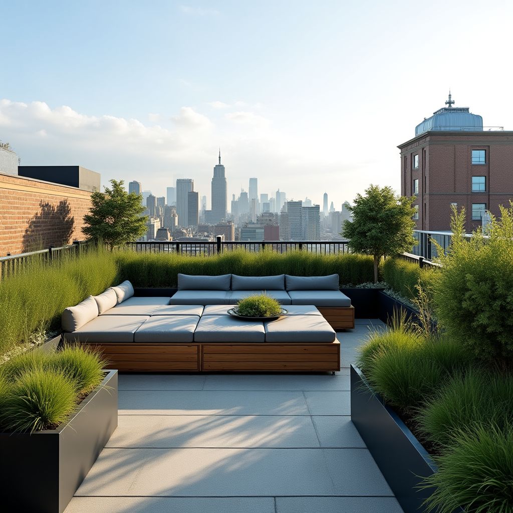Terrasse-jardin sur toit avec vue panoramique urbaine