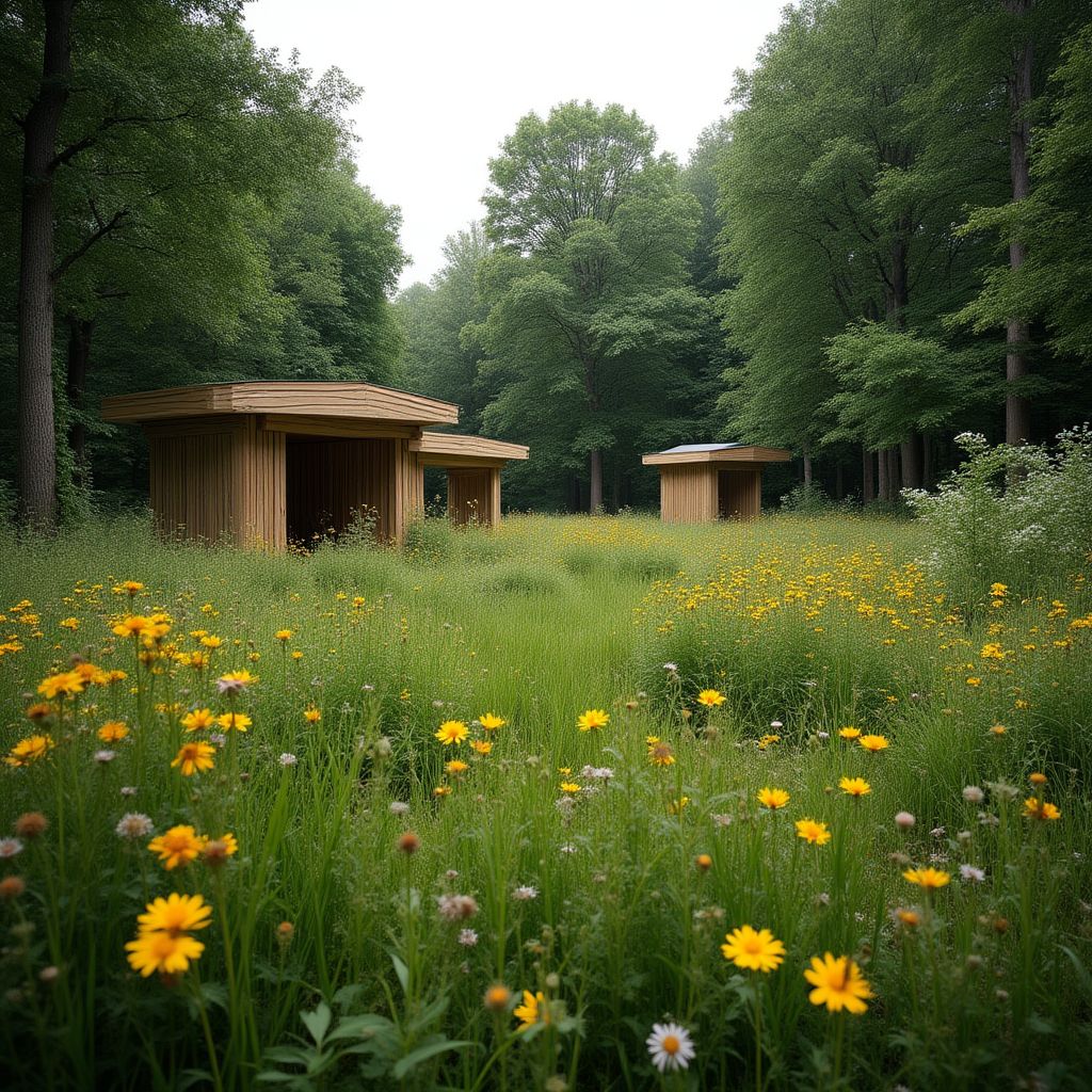 Jardin sauvage écologique avec prairie fleurie et abris pour la biodiversité