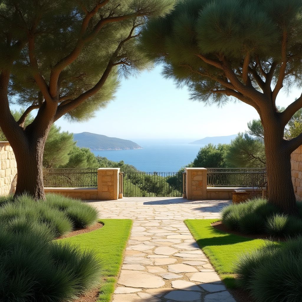 Jardin méditerranéen avec oliveraie centenaire et terrasse ombragée