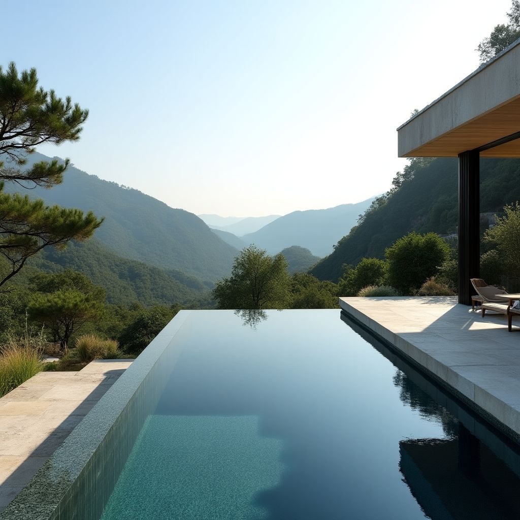 Jardin contemporain avec piscine à débordement et terrasse minérale