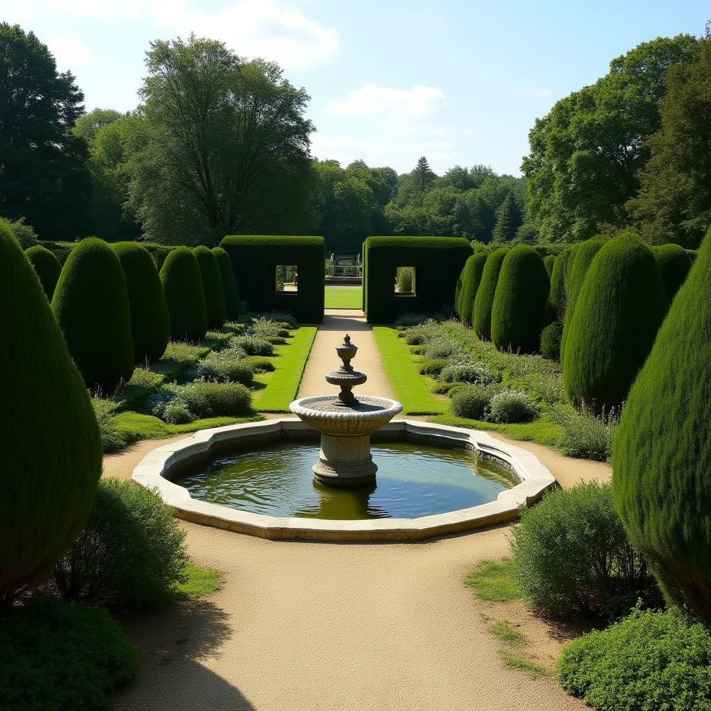 Jardin de château restauré avec parterres formels et fontaine classique
