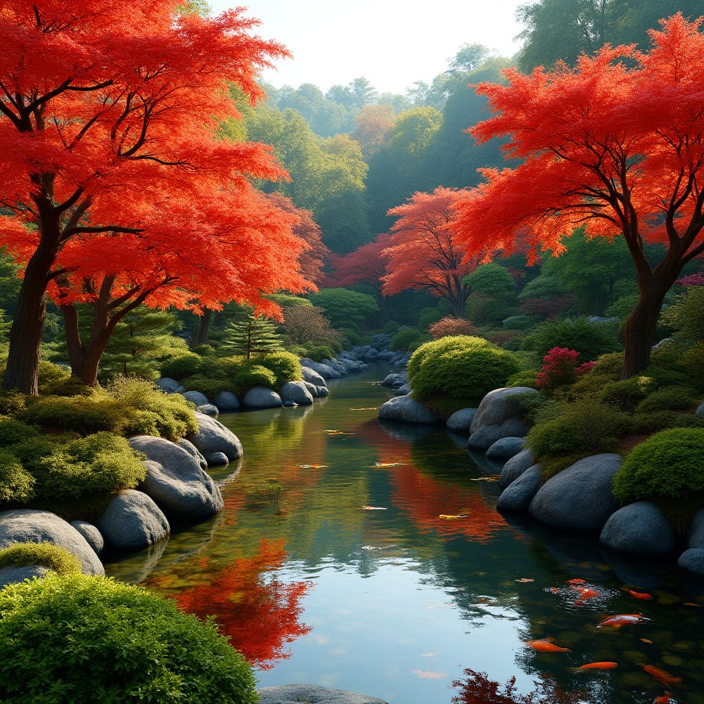 Jardin d'inspiration japonaise avec étang à carpes koï