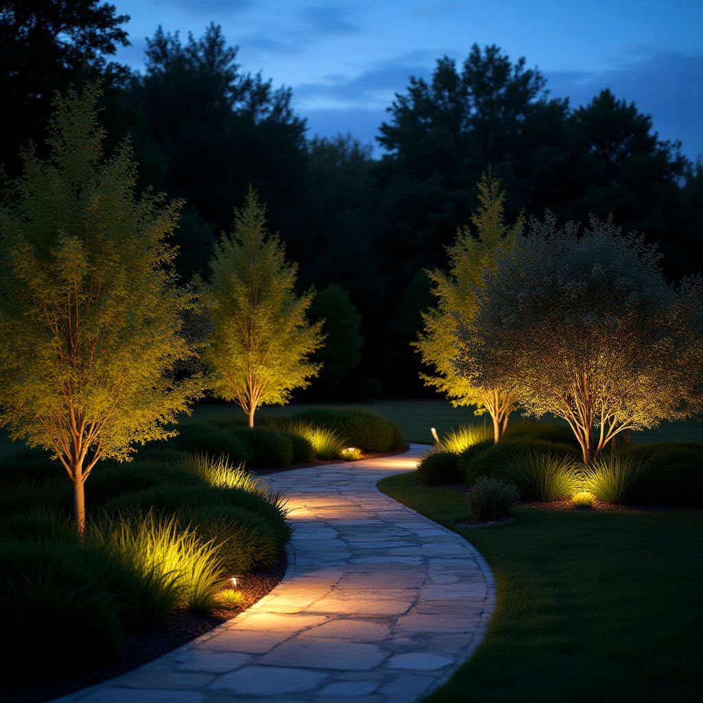 Système d'éclairage sophistiqué dans un jardin nocturne