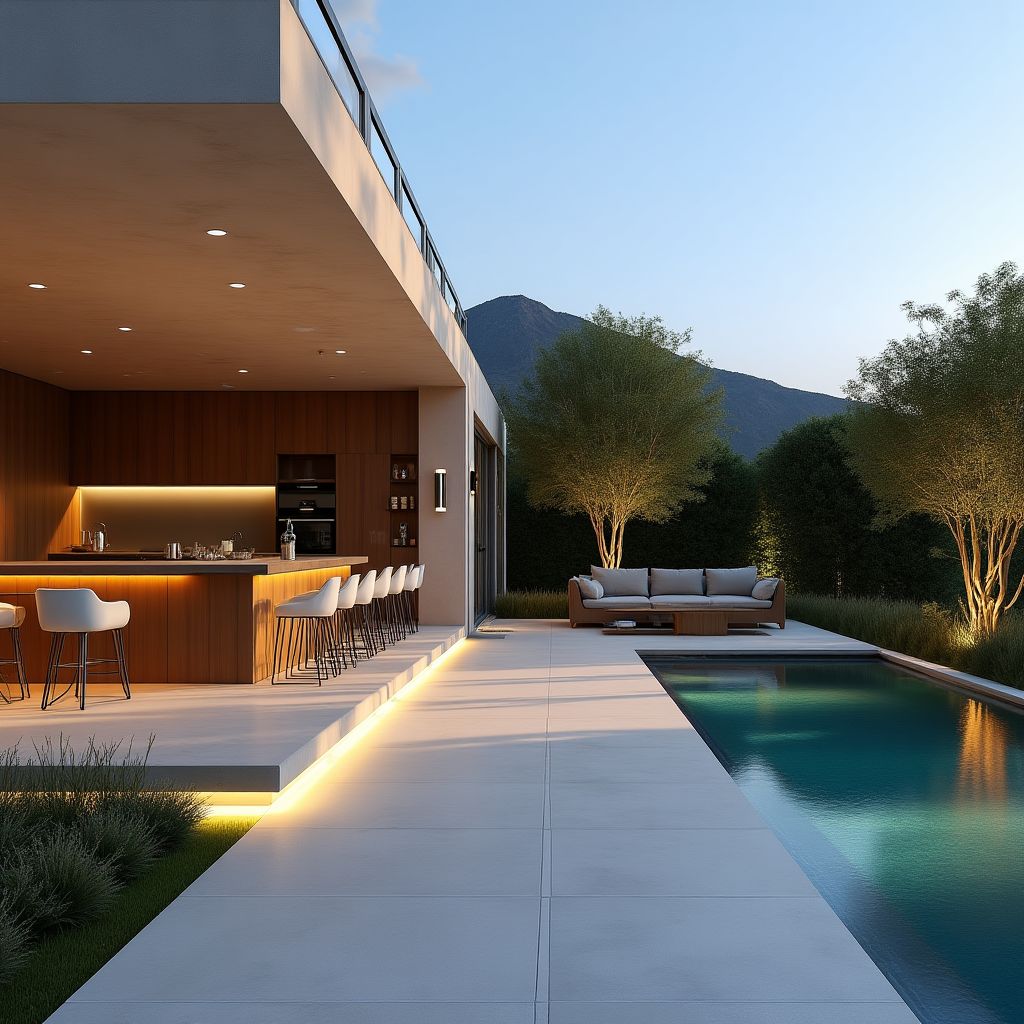Espace de vie extérieur luxueux avec cuisine d'été