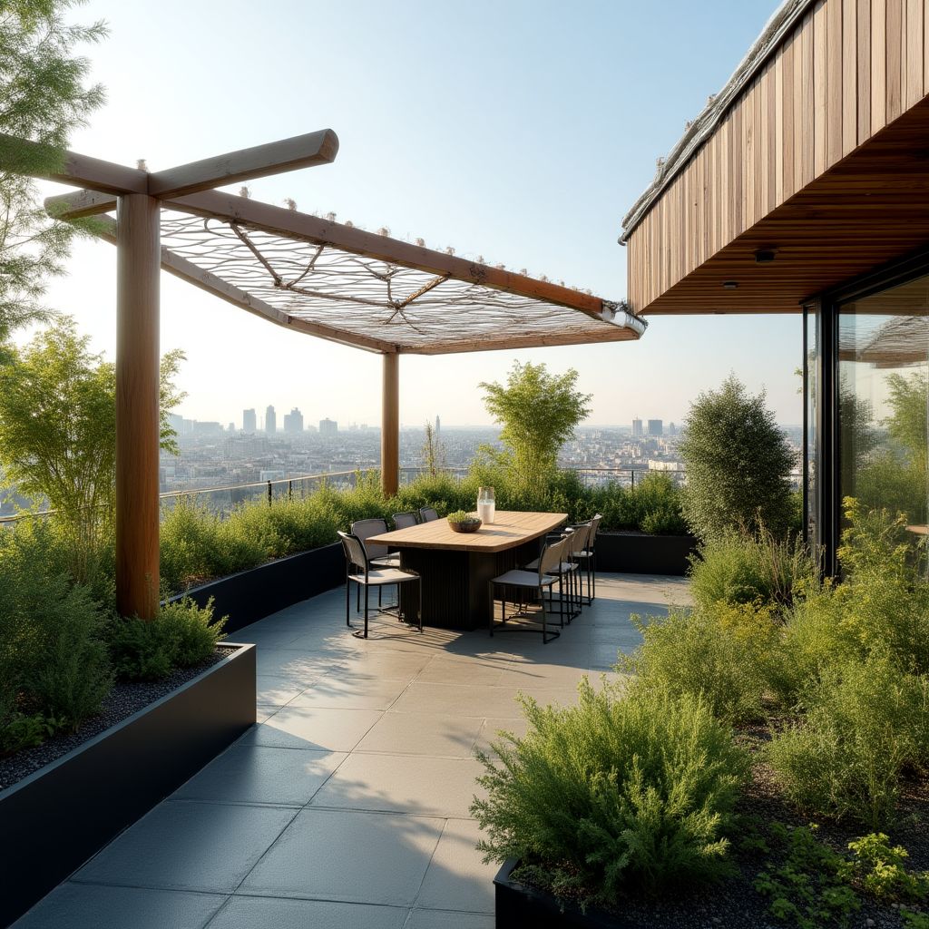 Jardin-terrasse sur toit avec pergola bioclimatique