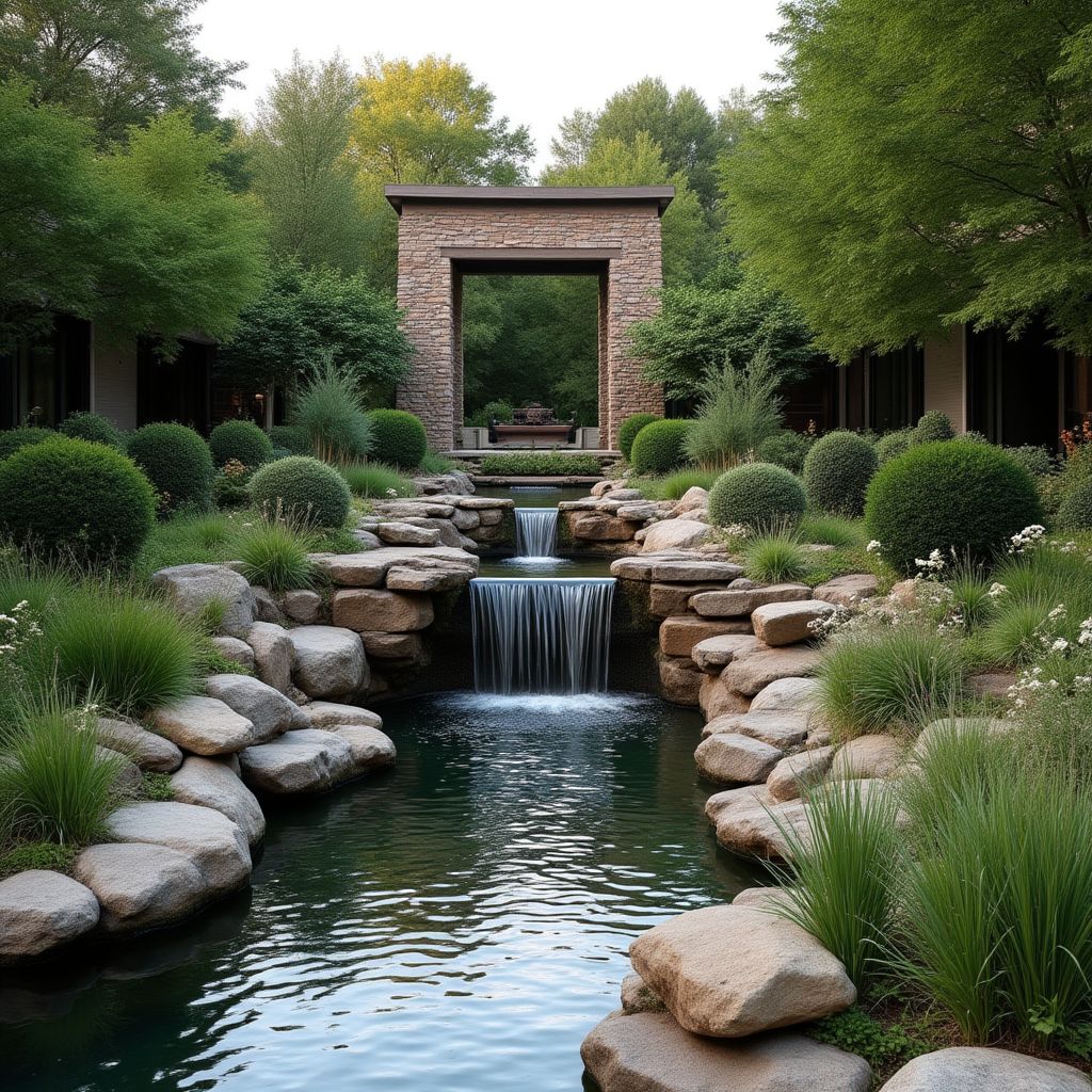 Installation d'une cascade d'eau élégante dans un jardin de villa